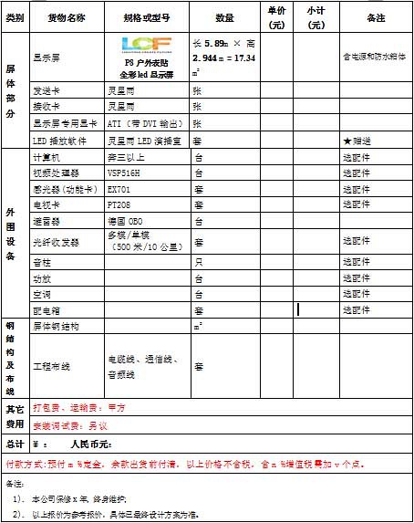 戶外LED顯示屏報(bào)價(jià)清單